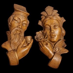 Vintage Asian chalkware Couple Wall Hanging